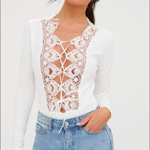 NWOT White Lace Up Longsleeve Thong Bodysuit - Picture 3 of 3